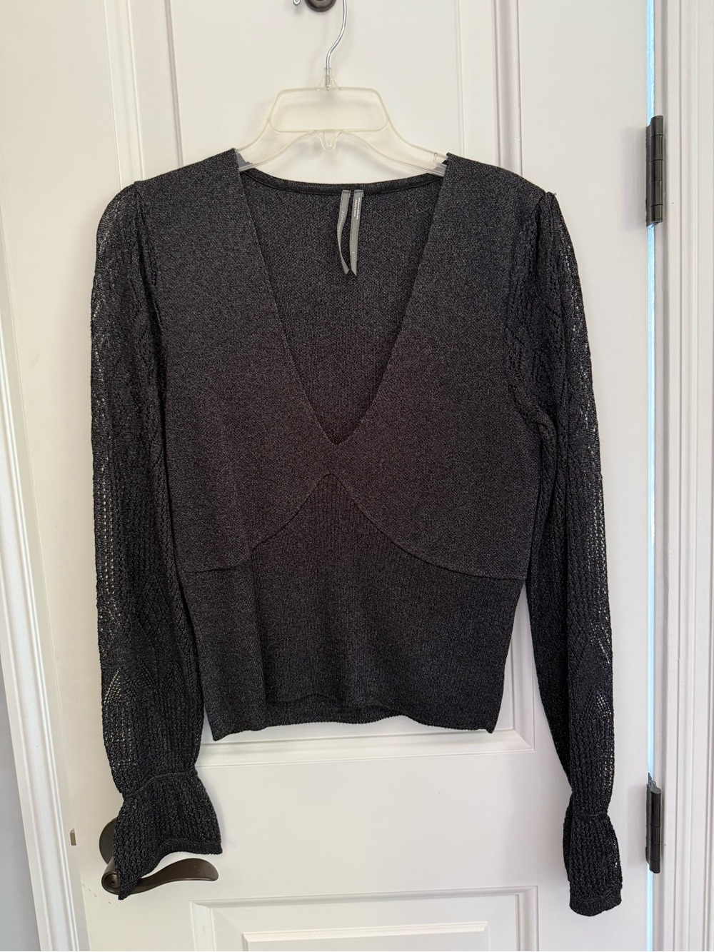 Anthropologie Black Knit V-Neck Sweater with Sheer Sleeves